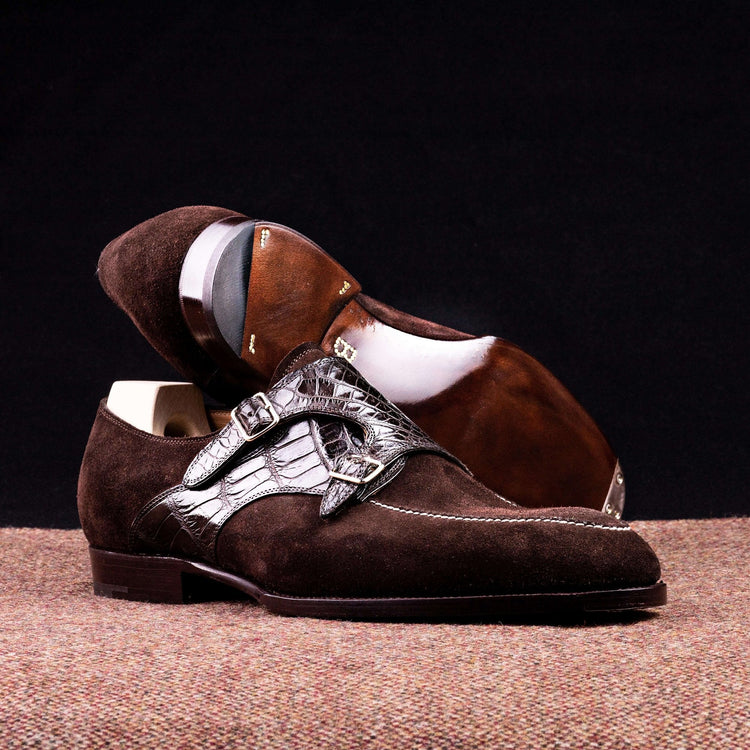Flat Feet Shoes - Goodyear Welted Murtosa Brown Suede and Leather Croc Print Double Monk Strap With Violin Leather Sole with Arch Support