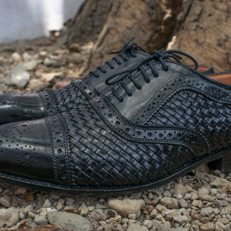 Height Increasing Black Braided Leather Morice Brogue Oxfords