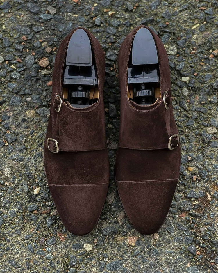 Height Increasing Brown Suede Aarburg Toe Cap Double Monk Straps