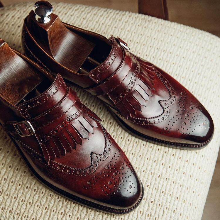 Height Increasing Burgundy Brown Leather Aarberg Toe Cap Monk Straps