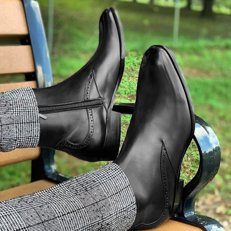Height Increasing Black Leather Beja Zipper Boots