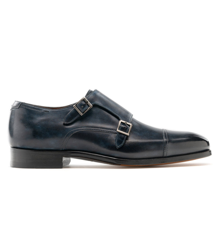 Flat Feet Shoes - Navy Blue Leather Wansdyke Monk Strap Shoes with Arch Support