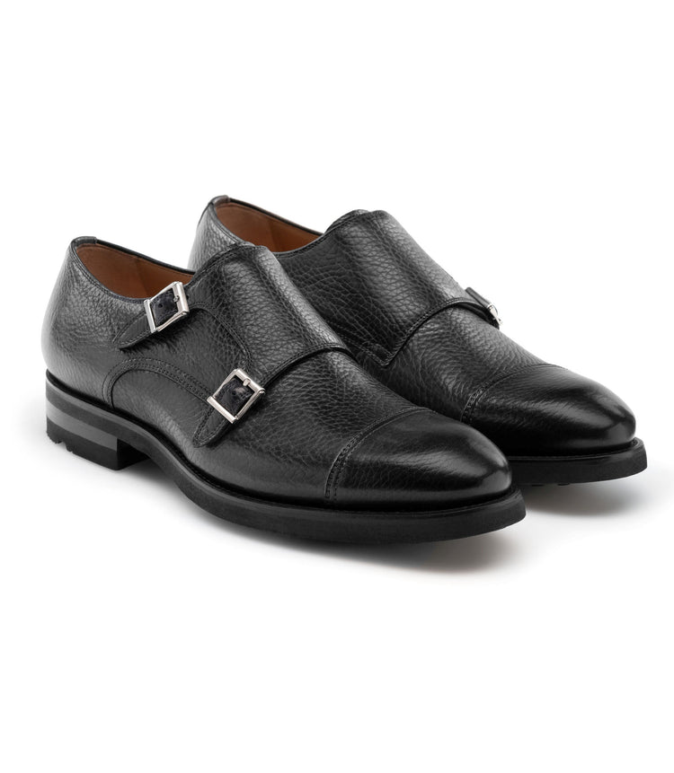 Black Leather Portneuf Chunky Monk Strap Shoes