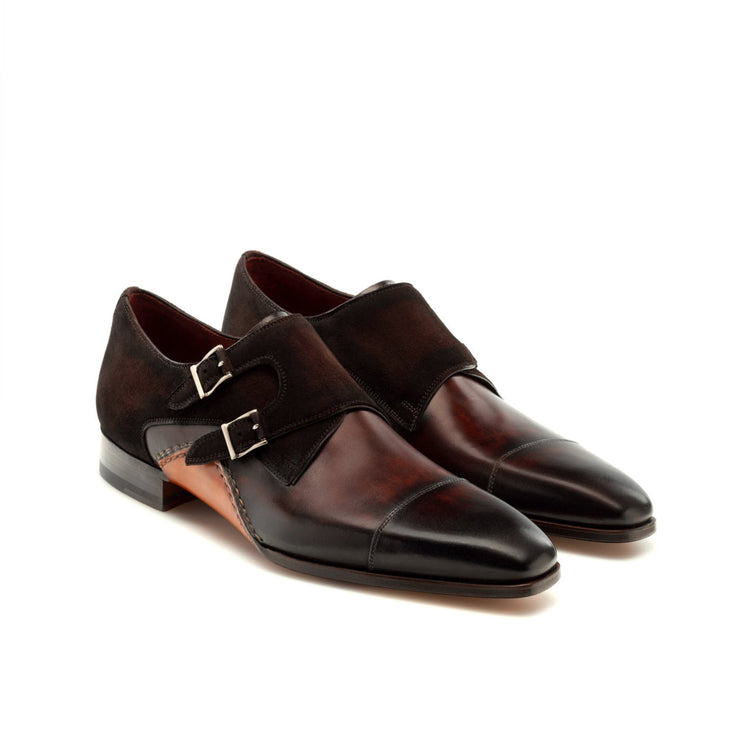 Height Increasing Brown Leather & Sude Bourke Monk Straps Shoes