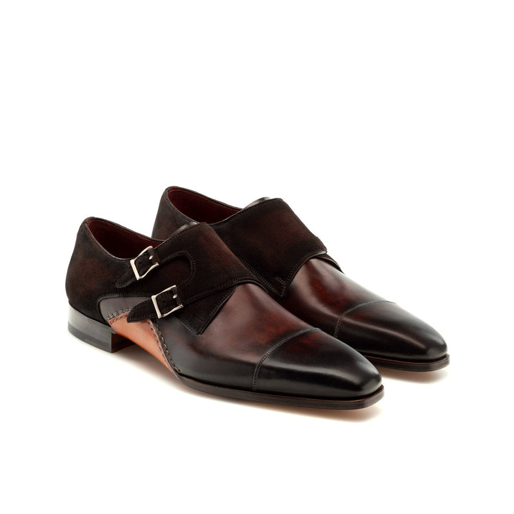 Height Increasing Brown Leather & Suede Bourke Monk Straps Shoes