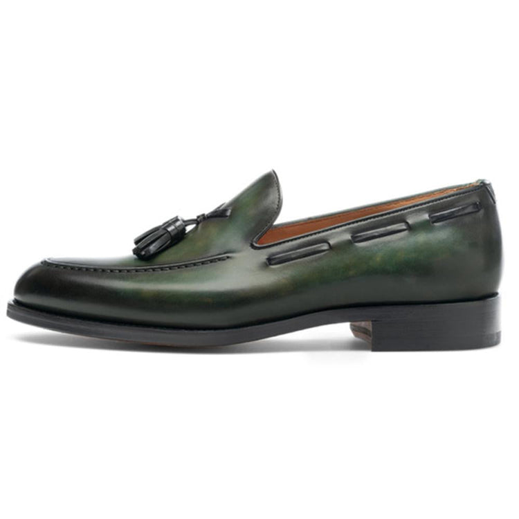 Flat Feet Shoes - Olive Green Leather Barbican Tassel Loafers with Arch Support