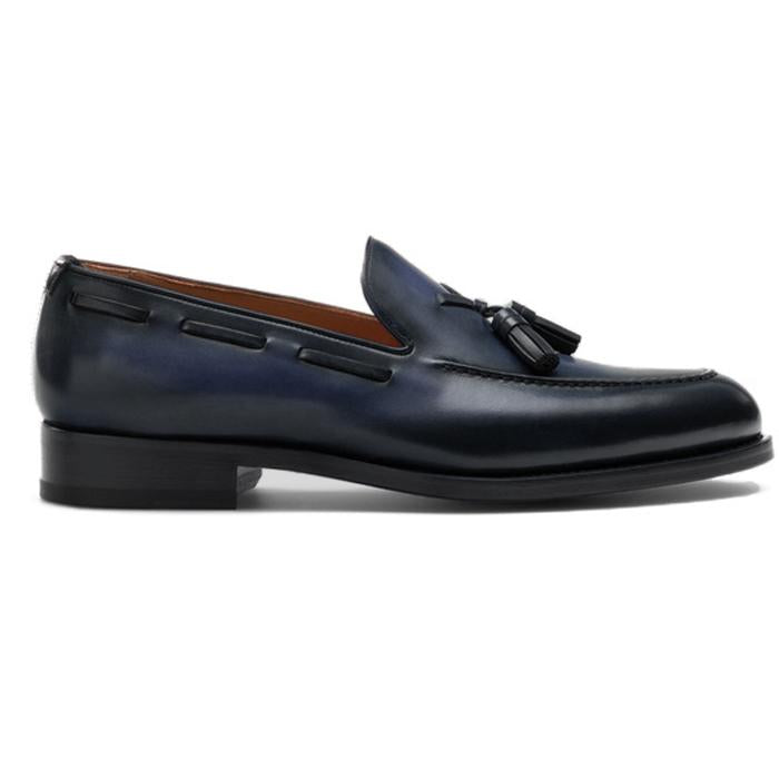 Flat Feet Shoes - Navy Blue Leather Barbican Tassel Loafers with Arch Support