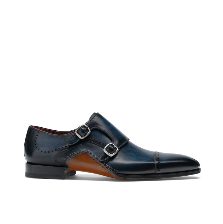 Height Increasing Navy Blue Leather Victoria Monk Strap Shoes