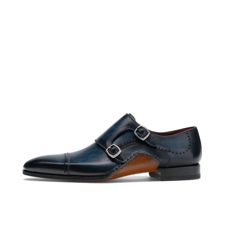 Flat Feet Shoes - Navy Blue Leather Victoria Monk Strap Shoes with Arch Support