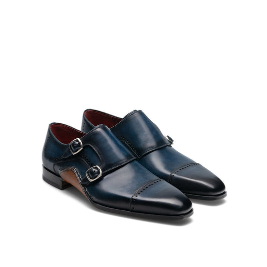 Flat Feet Shoes - Navy Blue Leather Victoria Monk Strap Shoes with Arch Support