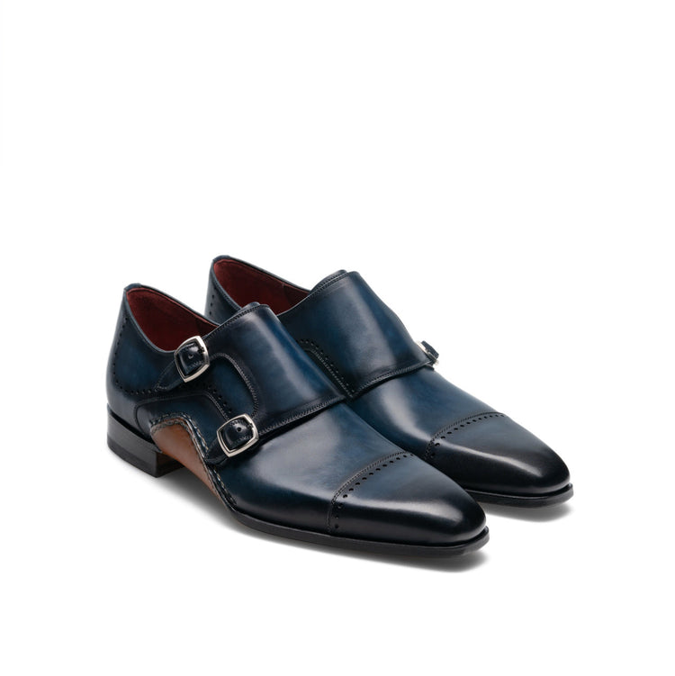 Height Increasing Navy Blue Leather Victoria Monk Strap Shoes