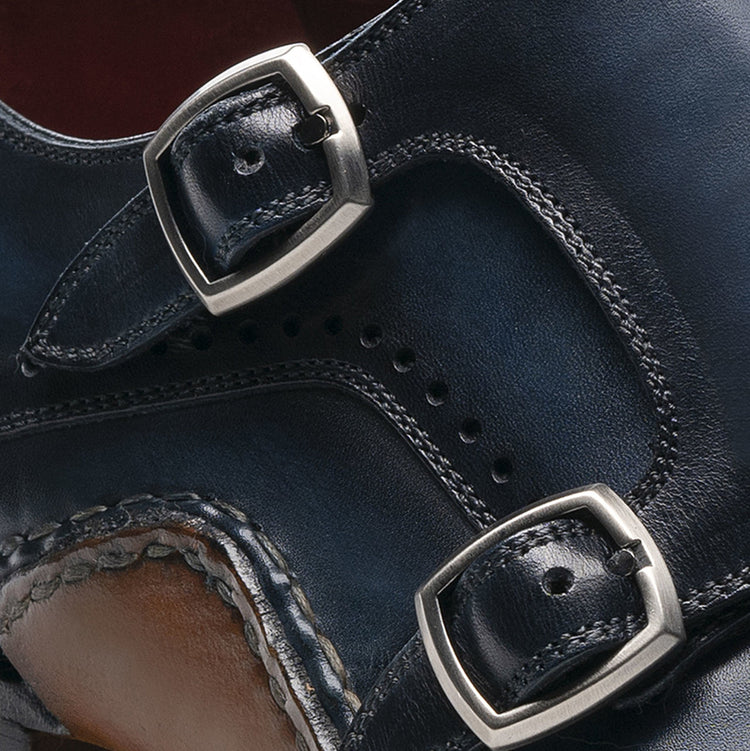 Height Increasing Navy Blue Leather Victoria Monk Strap Shoes