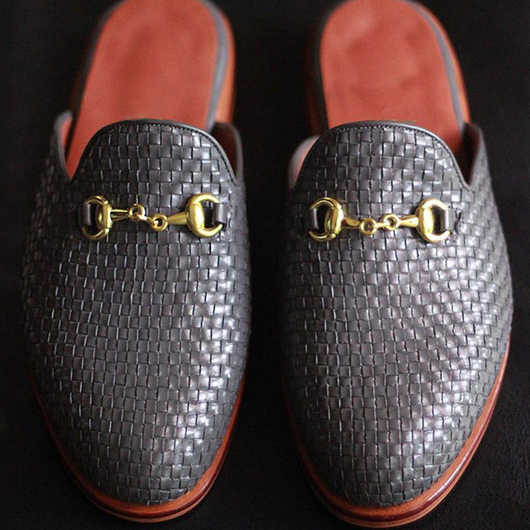 Black Woven Braided Leather Leiria Horsebit Slippers