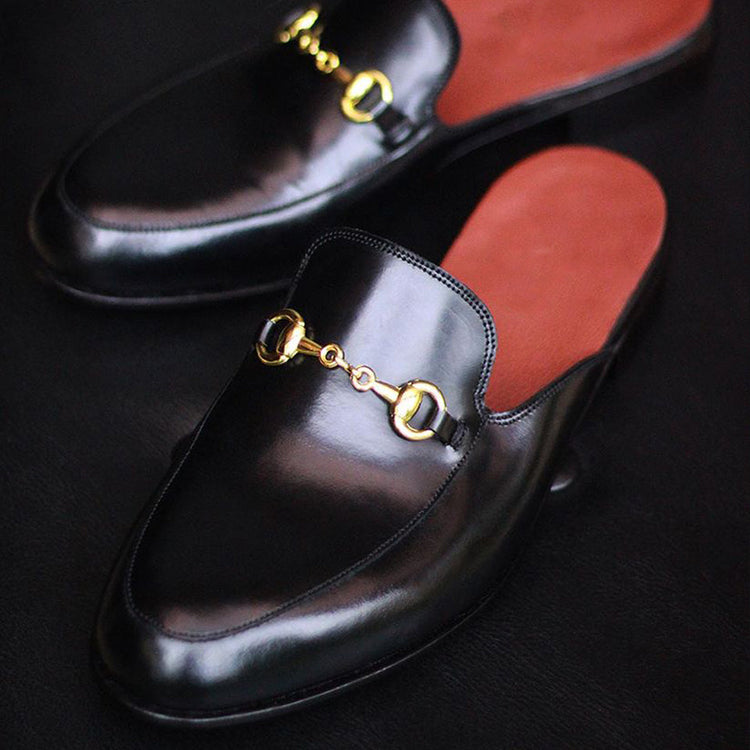 Black Leather Leiria Horsebit Slippers