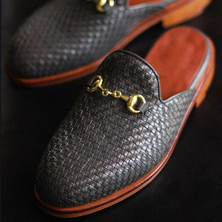 Black Woven Braided Leather Leiria Horsebit Slippers