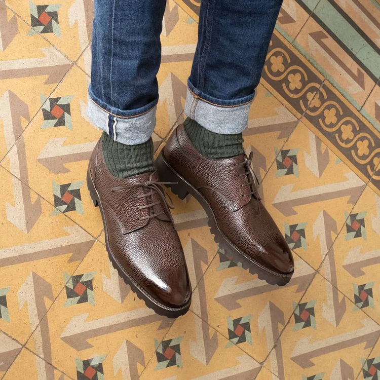 Brown Leather Alissa Chunky Derby Shoes - With Track Soles
