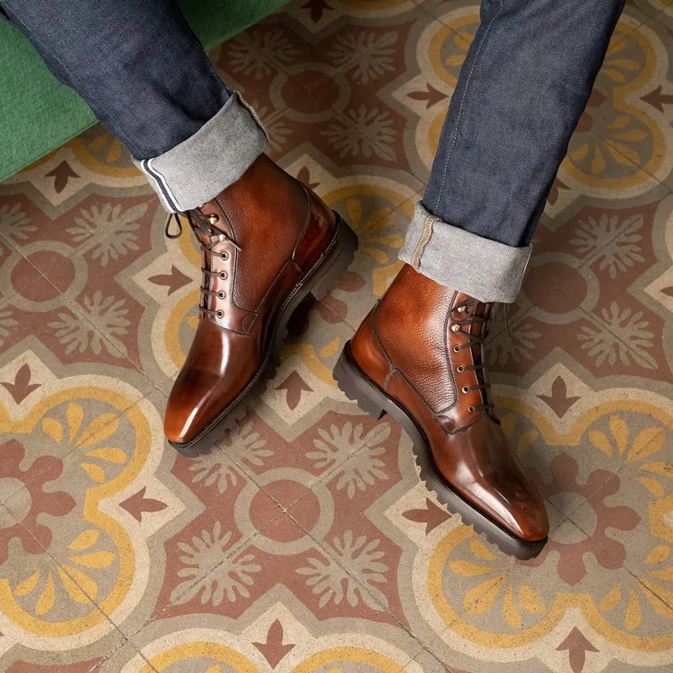 Tan Leather Geneve Chunky Hiking Combat Lace Up Oxford Boots