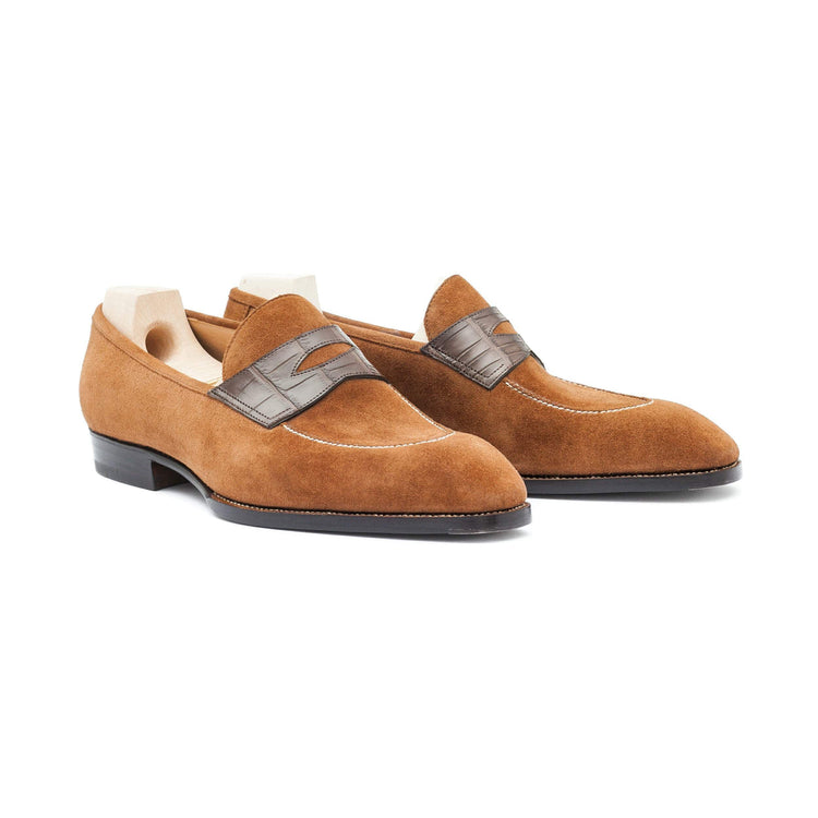 Flat Feet Shoes - Goodyear Welted Vizela Tan Suede Croc Printed Penny Loafer With Violin Leather Sole with Arch Support