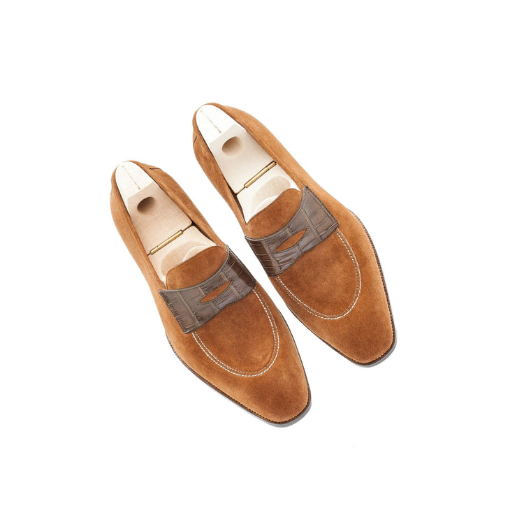 Flat Feet Shoes - Goodyear Welted Vizela Tan Suede Croc Printed Penny Loafer With Violin Leather Sole with Arch Support