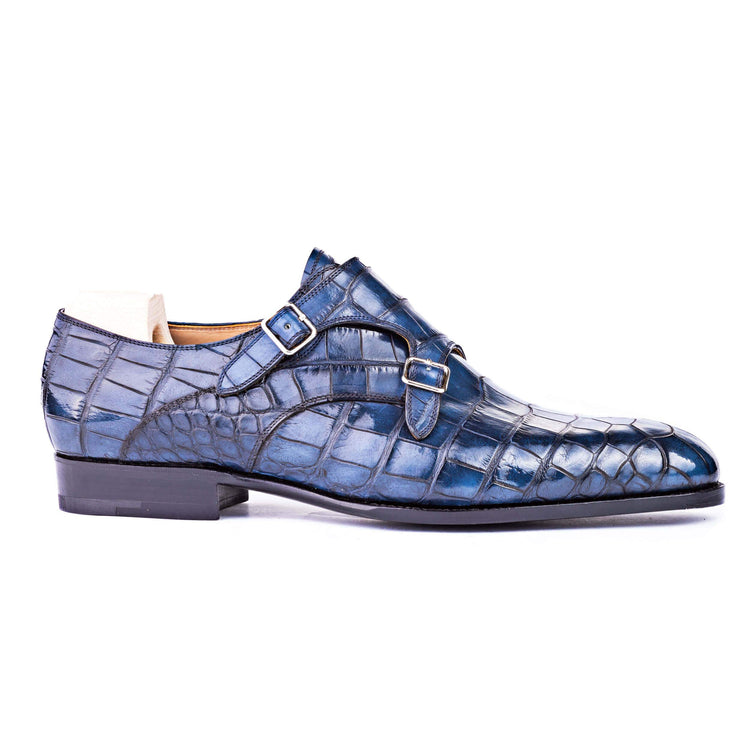 Flat Feet Shoes - Goodyear Welted Aveiro Navy Blue Leather Croc Print Double Monk Strap With Violin Leather Sole with Arch Support