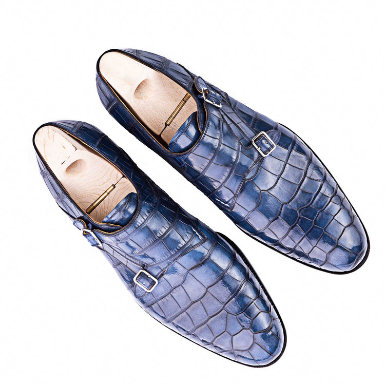 Goodyear Welted Aveiro Navy Blue Leather Croc Print Double Monk Strap With Violin Leather Sole