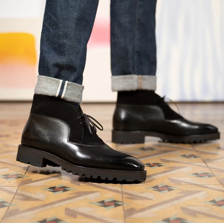 Black Leather and Suede Vermient Chunky Hiking Combat Lace Up Boots