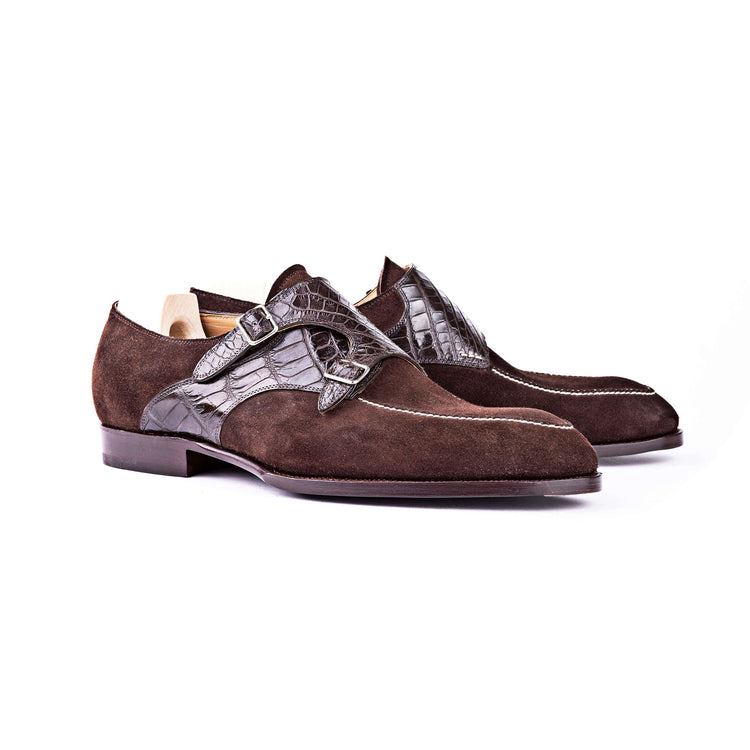 Flat Feet Shoes - Goodyear Welted Murtosa Brown Suede and Leather Croc Print Double Monk Strap With Violin Leather Sole with Arch Support