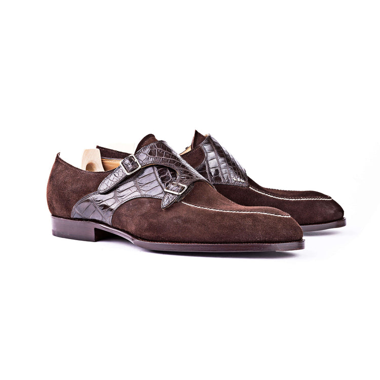 Height Increasing Goodyear Welted Murtosa Brown Suede and Leather Croc Print Double Monk Strap With Violin Leather Sole