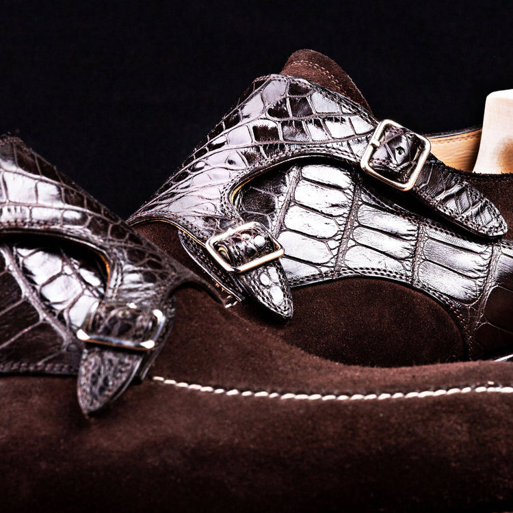 Height Increasing Goodyear Welted Murtosa Brown Suede and Leather Croc Print Double Monk Strap With Violin Leather Sole