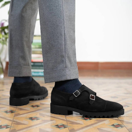 Black Suede Krewsten Chunky Monk Strap Shoes with Toecap - With Track Soles