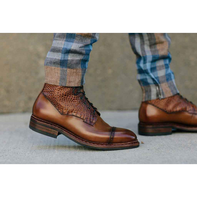 Flat Feet Shoes - Tan Alligator Textured Leather Furzton Lace Up Boots with Arch Support