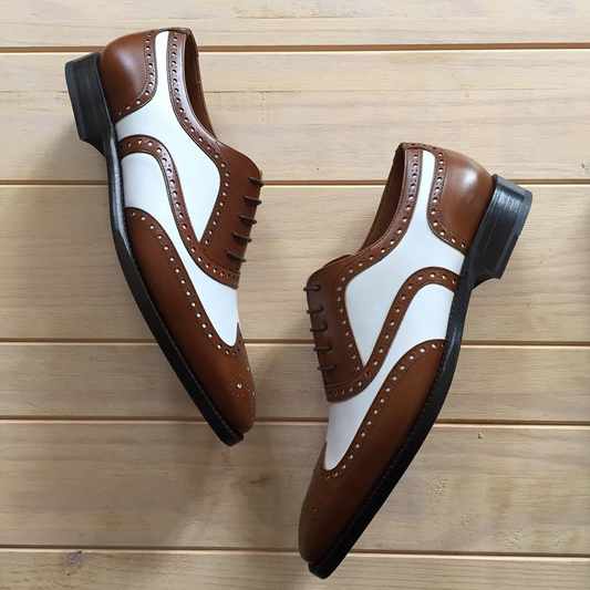 Tan and White Leather Lamego Brogue Oxfords - Formal Shoes