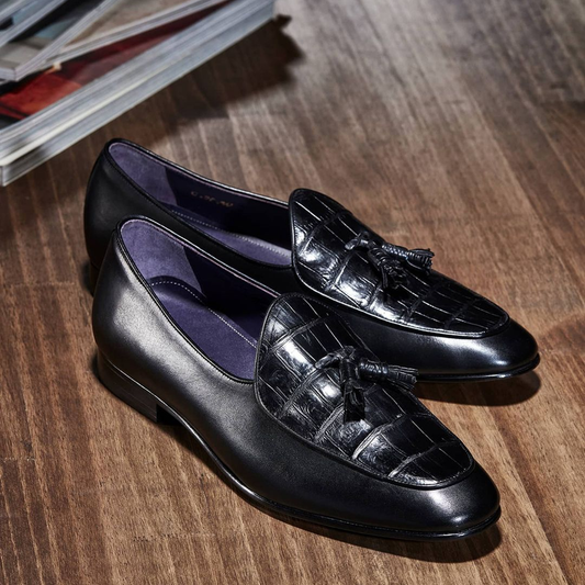 Black Crocodile Print Leather Maitland Slip On Tassel Loafers