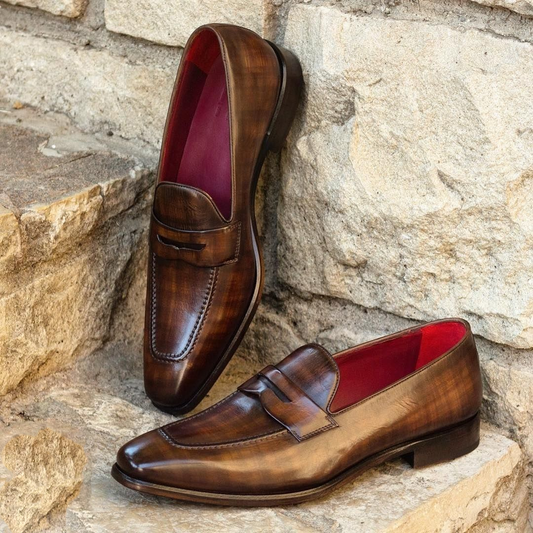 Brown Patina Leather Randwick Slip On Penny Loafers