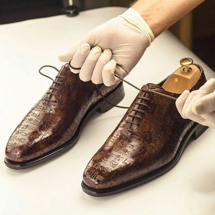 Brown Leather Subiaco Lasered Hieroglyphs Wholecut Oxford Shoes