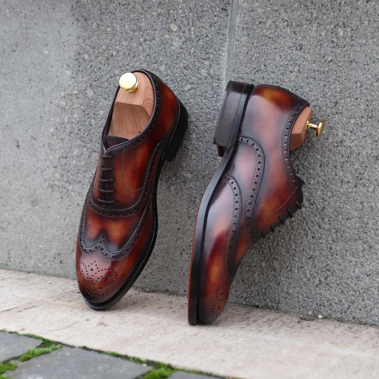 Brown Patina Leather Viacha Brogue Wingtip Oxford Shoes