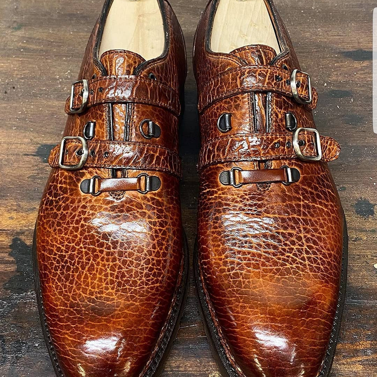 Tan Textured Leather Sofia Double Monk Straps