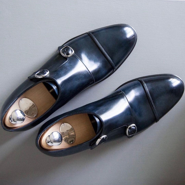 Navy Blue Leather Plovdiv Toe Cap Double Monk Straps