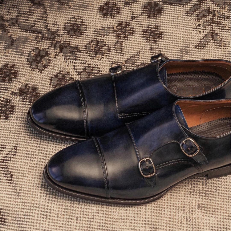 Navy Blue Leather Plovdiv Toe Cap Double Monk Straps