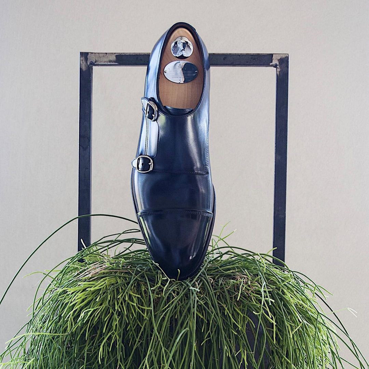 Navy Blue Leather Plovdiv Toe Cap Double Monk Straps