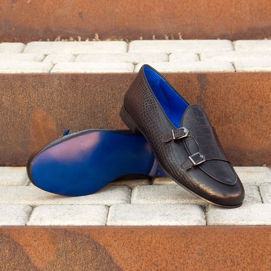 Brown Crocodile Print Leather Varna Monk Strap Shoes