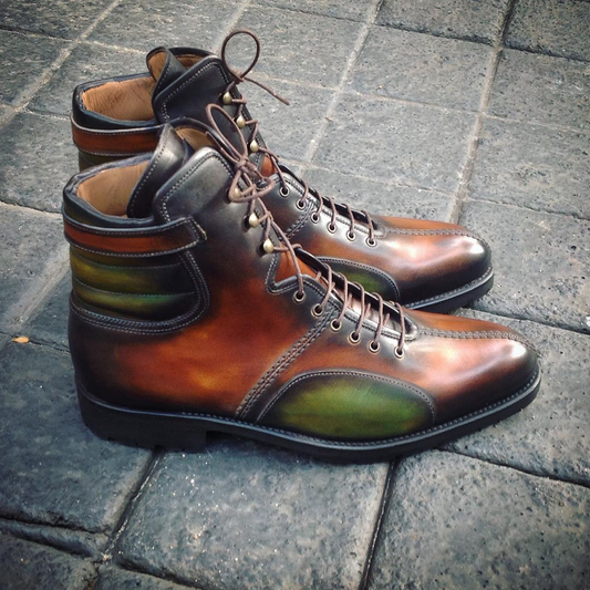 Height Increasing Tan and Green Leather Hellin Chelsea Boots