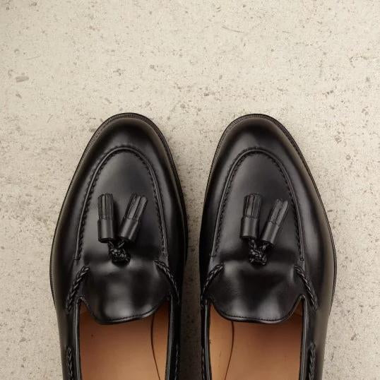 Flat Feet Shoes - Black Leather Swale Tassel Loafers with Arch Support