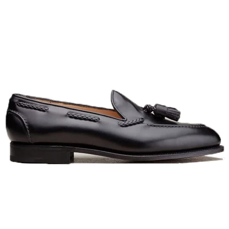 Flat Feet Shoes - Black Leather Swale Tassel Loafers with Arch Support
