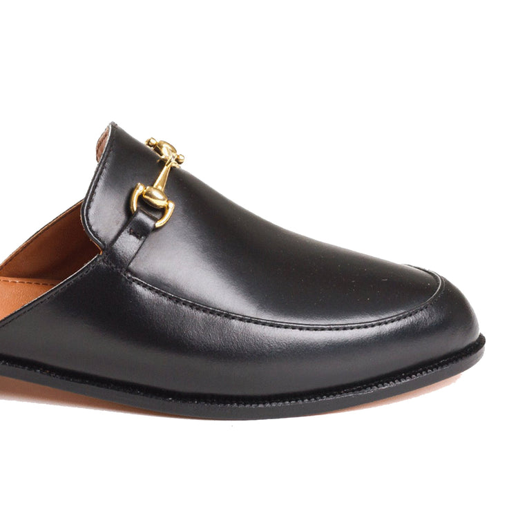 Black Leather Loures Horsebit Slippers