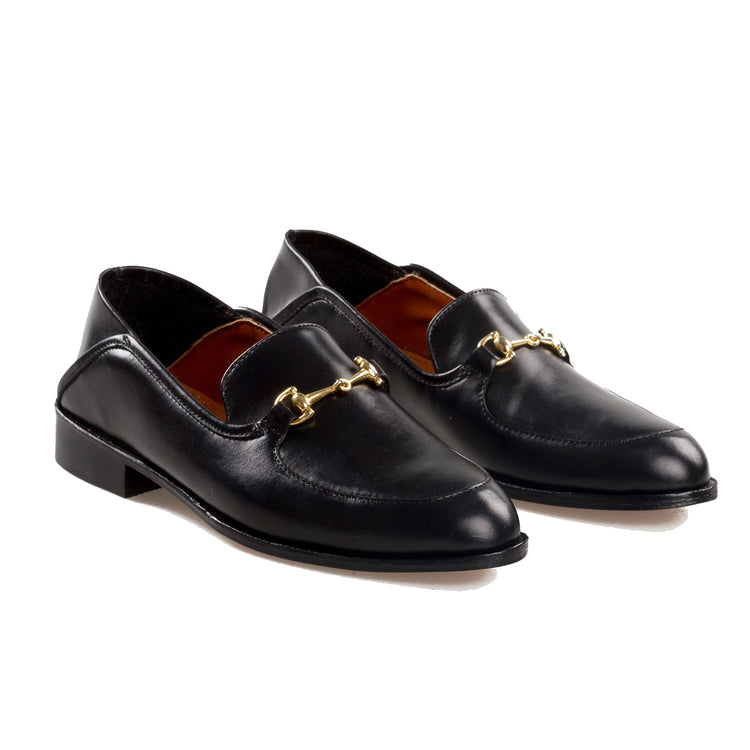 Black Leather Penela Horsebit Collapsible Loafer Slippers