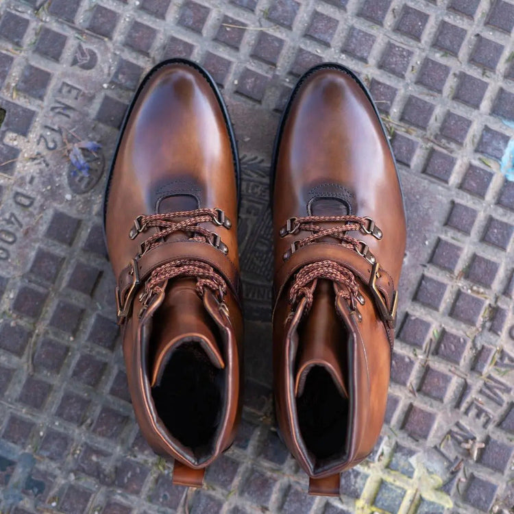 Height Increasing Tan Leather Headre Chunky Combat Boots