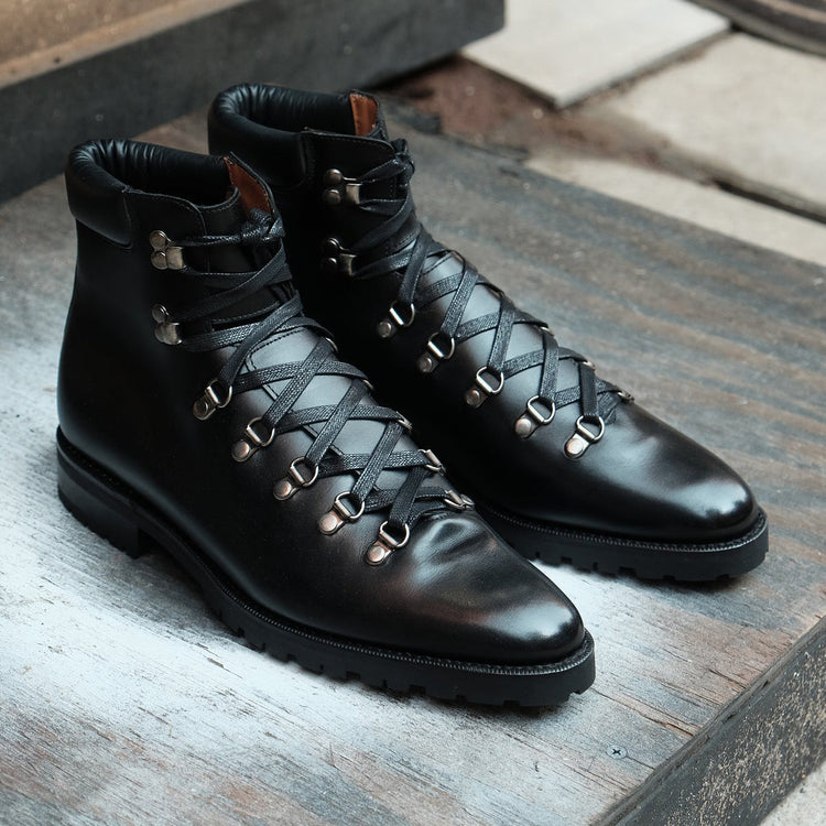 Height Increasing Black Leather Larett Chunky Hiking Combat Boots