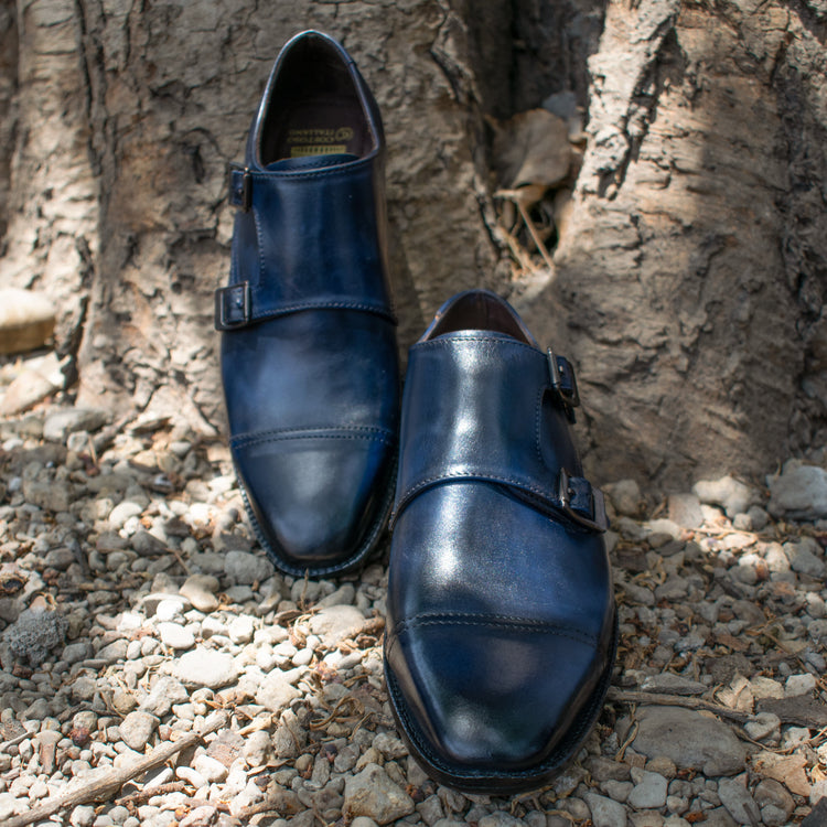 Navy Blue Leather Wansdyke Monk Strap Shoes