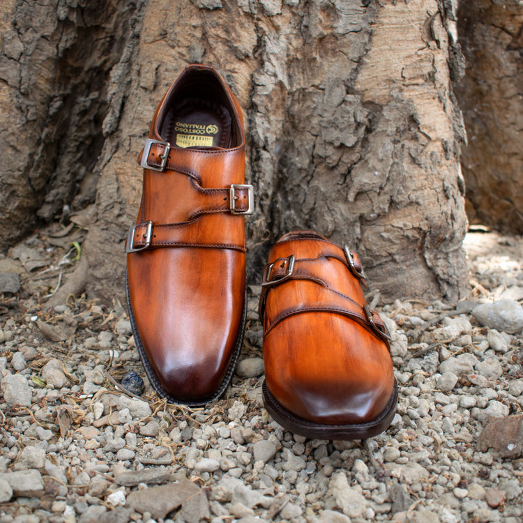 Height Increasing Tan Leather Leminst Monk Strap Shoes